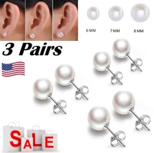 3Pairs White Genuine Cultured Freshwater Pearl Stud Earrings 925 Silver 6/7/8 mm