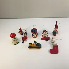  Christmas Lot miniature Wooden ornaments Unusual Rare Lot of 8 figures Vintage