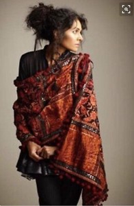 Beautiful heavy Resham embroidered Kashmir Cotton Shawl With Wool Pom Pom