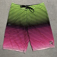 Hurley Phantom Board Shorts Mens Sz 28 Green Black Pink Striped Swim Trunk Surf