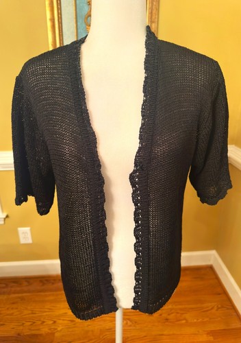 Sag Harbour Black Open Knit Short Sleeve Cardigan Sweater Sz M - Picture 2 of 4