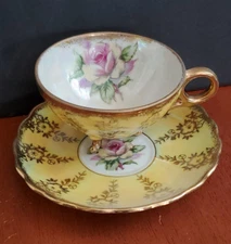 Vintage Royal Sealy 3-Footed Teacup & Saucer Yellow Gold w Pink Rose, Japan, EUC