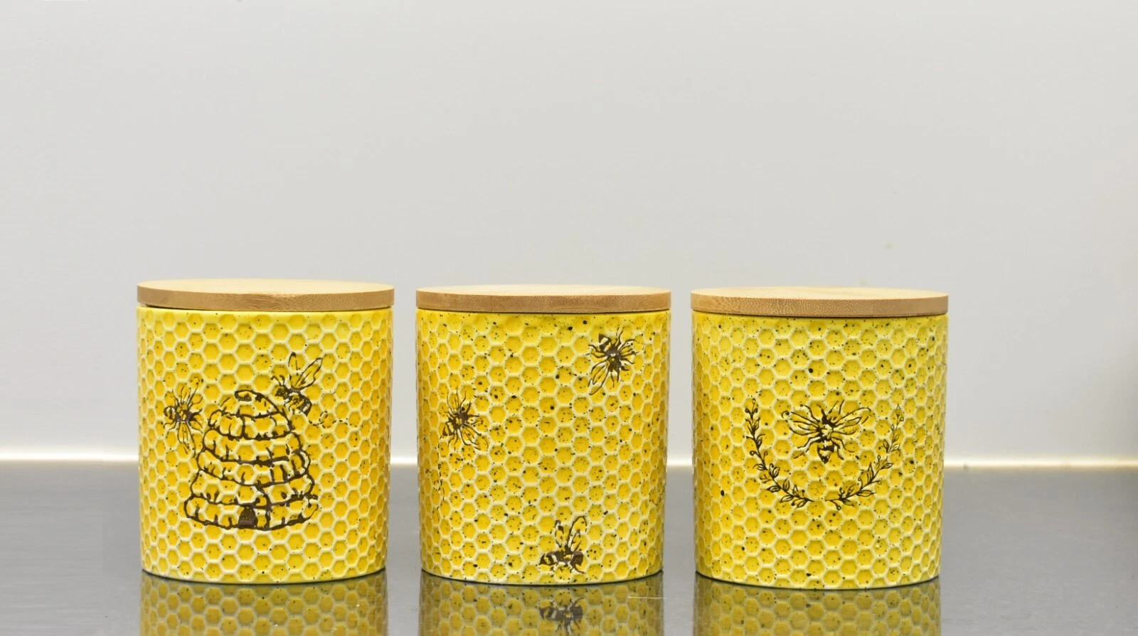 Set of 3 Yellow Canister with Bee print for Kitchen Counter Ceramic with Airtigh
