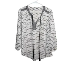 Dr2 Blouse Women's Medium V-Neck Embroidered 3/4 Sleeve Sheer Casual Top