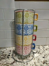 Pier 1 Imports Stackable Mugs (Set of 4) Multicolor Floral Pattern w/ Metal Rack
