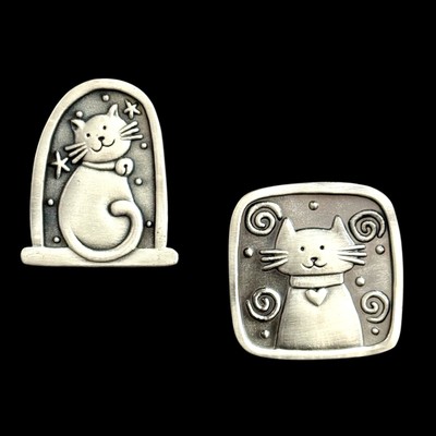 GANZ Cat Pocket Charms Token Lot of 2 Metal Cute Kitten Kitty Whimsical Silver