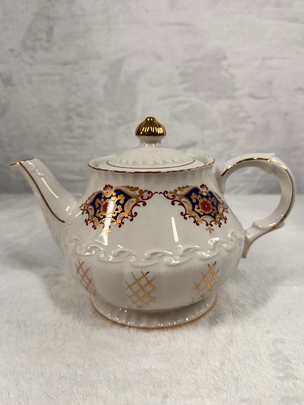 RARE 1940s Royal Arden Tea Pot "Somerset" pattern White w/ Blue Orange & gold