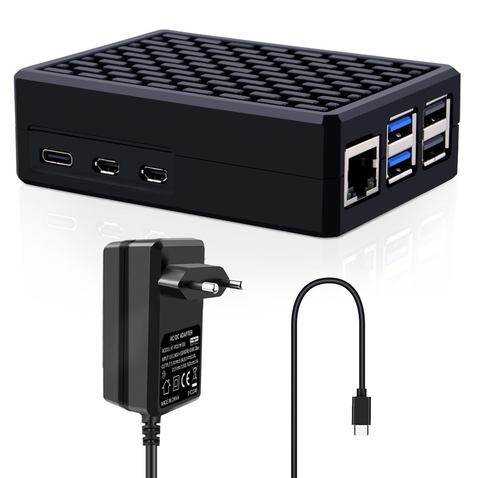 Boîtier Armor Raspberry Pi 5 avec alimentation USB-C 27W noire en aluminium
