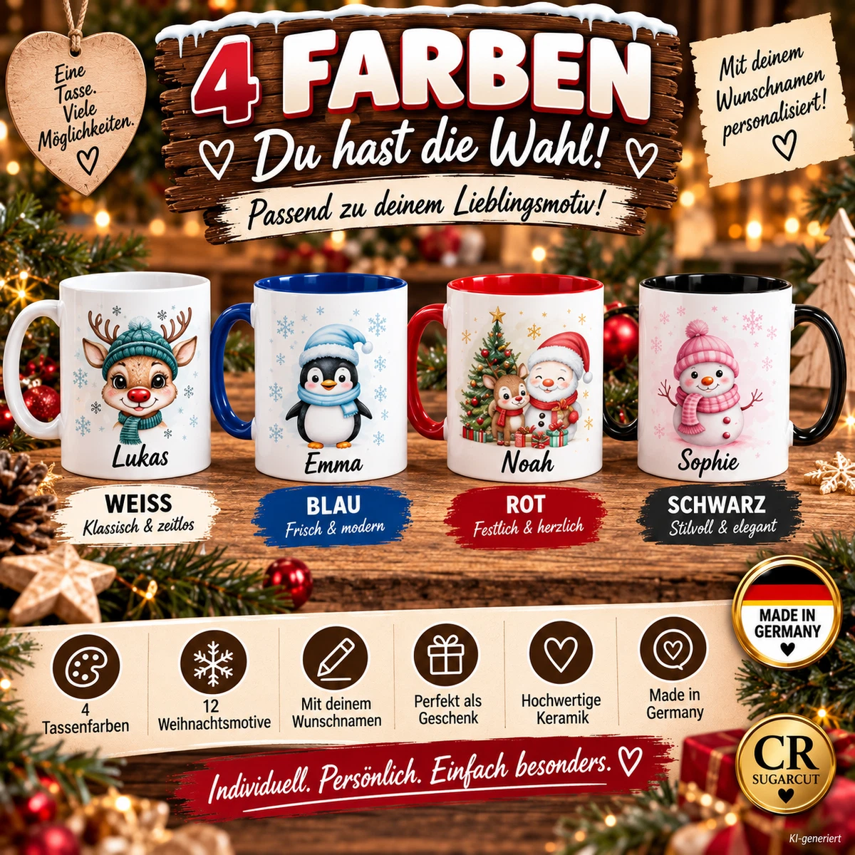 Personalisierte Weihnachtstasse mit Name 12 Motive 4 Farben 330ml