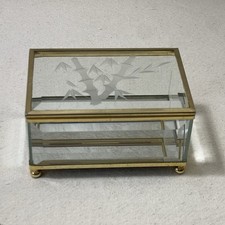 Vintage Glass Brass Mirrored Jewelry Trinket Vanity Display Box Etched Bamboo