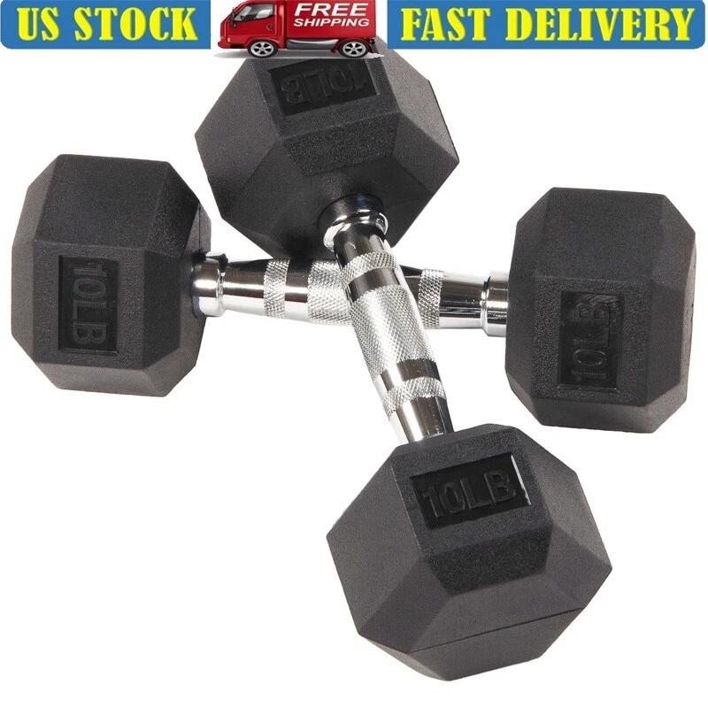 Rubber Hex Dumbbells Pair 10lbs Non-Slip Grip Weight Training Home Gym Black New