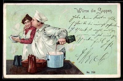 AK Corpulent chef spices the soup and kisses a young woman on the cheek 