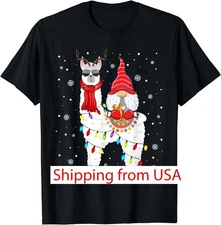 Santa Gnomes Riding Llama Reindeer Christmas Lights T-Shirt