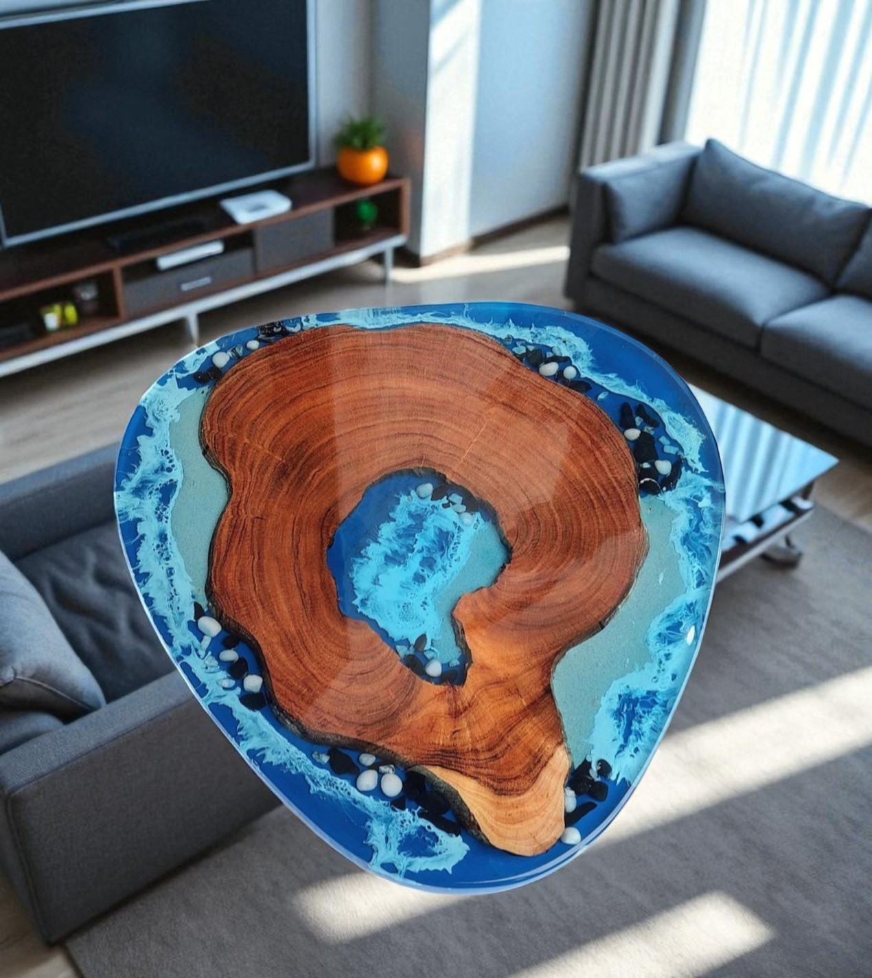 36 Inch Ocean Wave Epoxy Resin Live Edge Wood Table Top for Kitchen Hotel Decor-image