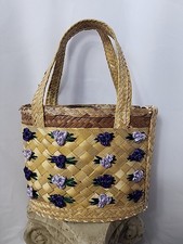 Vintage Small Double Handled Woven Bag Purse With Lavender Purple Straw Flowers