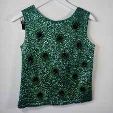 Vintage 60s Hand Beaded Sequined Wool Tank Top Emerald Green Floral Hong Kong M