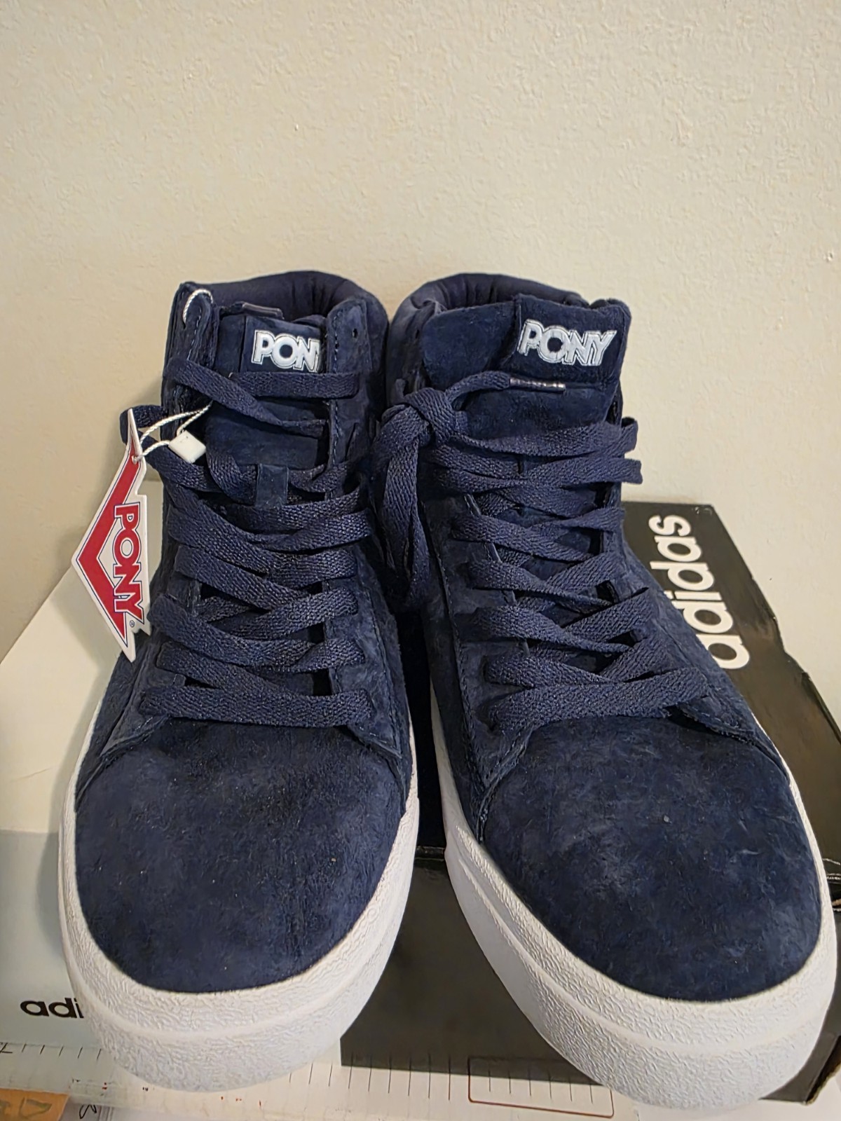 Sneakers alte Pony Hi bianche e blu nuove taglia 10 Bin S19