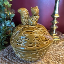 Vintage Squirrel on a Walnut Candy Trinket Dish With Lid