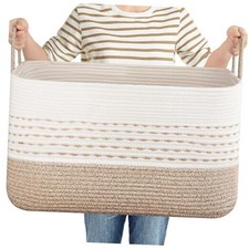Large Blanket Basket for Living Room Woven Storage Baskets 75L Brown  White