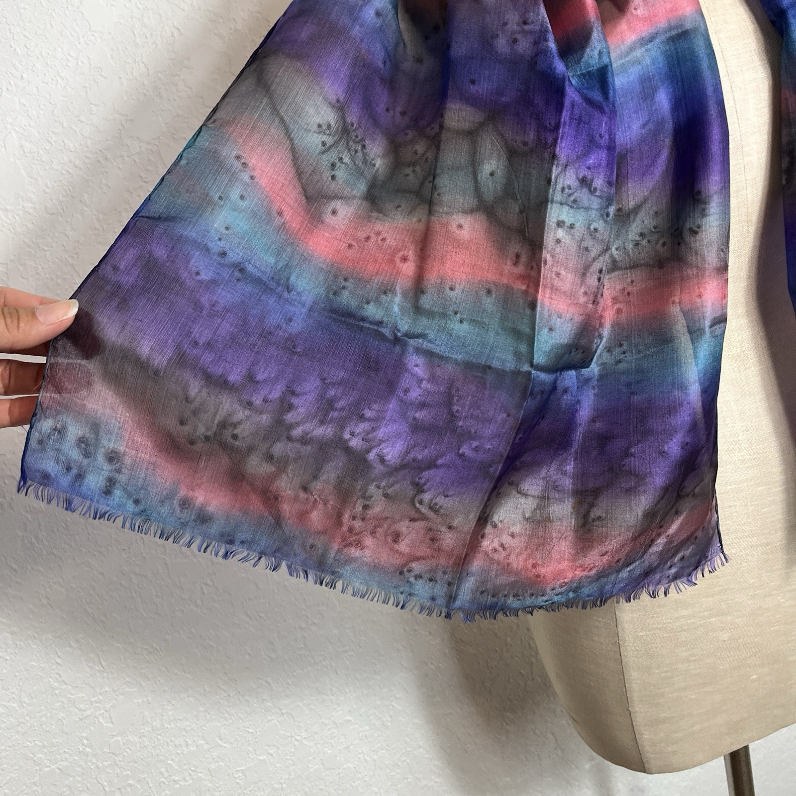 Multicolor Watercolor Rectangular Scarf with frin… - image 3