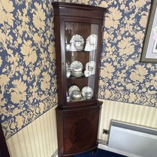 Brown Wooden Corner Display Cabinet, Freestanding, 1 Glass Door, Glass Shelves