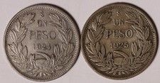 Monedas de plata (50%) peso chileno 1924 y 1925 (2) KM# 152,6