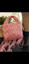 Pink Metallic Floral Sequin Fringe Small Top Handle Bag Purse Party/Cocktail