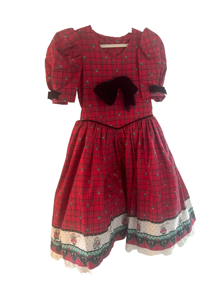 De colección. Vestido Delantal Navidad Acebo Halo Conejito Rojo Cuadros Niña Talla 6X-7 Hecho a Mano Foto 2 de 4