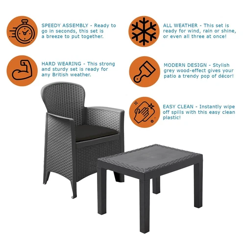 Garden Furniture Table and Chairs 3 Piece Grey Bistro Set Patio Outdoor Seating - Picture 8 of 8
