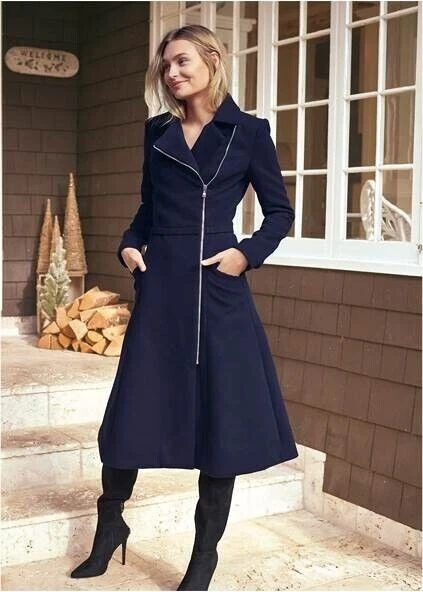 VENUS Long Asymmetrical Zipper Coat US Size: 4 NAVY Long Fitted Peacoat |  eBay