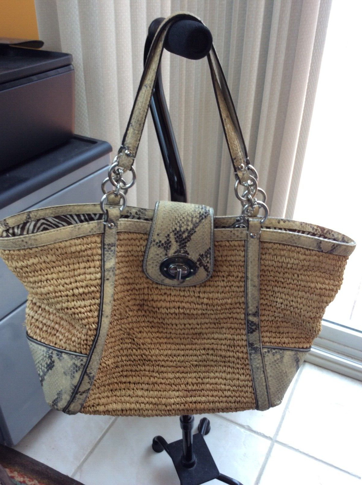 COACH Hampton Python Leather Trim Straw Turn Lock… - image 2