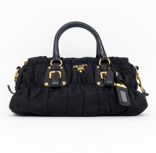 AUTH PRADA BLACK NYLON GAUFRE GATHERED TESSUTO ZIPPED SHOULDER BAG. 2 Ways