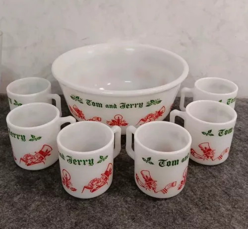 Mid Century Modern Hazel Atlas Tom & Jerry Christmas Egg Nog 9” Bowl w/6 Mugs