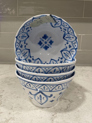SET 4 BLUE & WHITE 6x3.5” Melamine Bowls Artisan De Luxe Abstract Mediterranean
