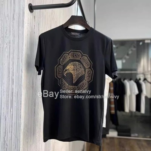 NUEVO CON ETIQUETAS Para hombres Cuello Redondo Camiseta Negra Águila Estrás Stefano Ricci Manga Corta - Imagen 4 de 15
