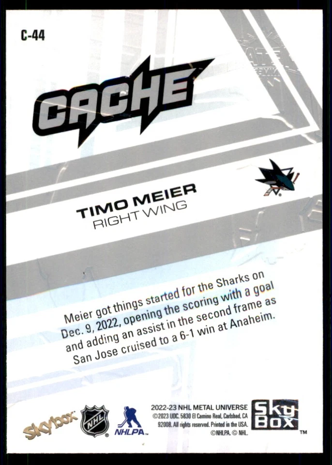 2022-23 SKYBOX METAL UNIVERSE CACHE TIMO MEIER SAN JOSE SHARKS #C-44 - Image 2 of 2