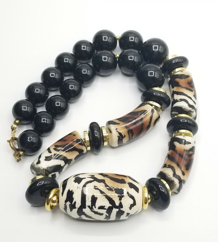 Vtg Chunky Necklace Tiger Leopard Cheetah Big Cat Animal Print Statement Jewelry