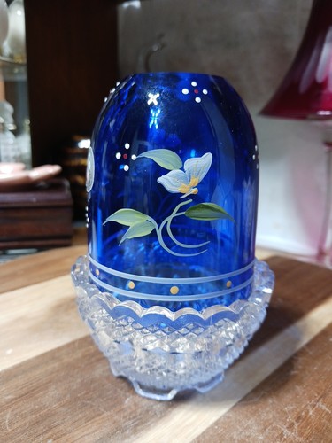 Fenton 95th Anniversary Cobalt Blue Hand-painted Sign Fairy Lamp 4.5"