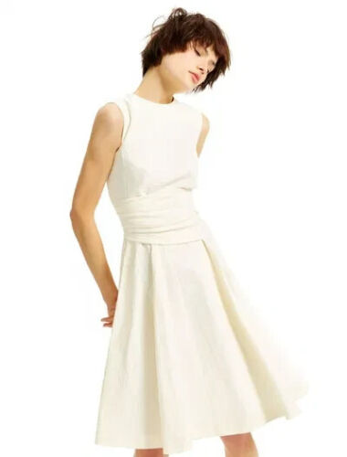SPORTMAX MAX MARA ITALY IVORY SLEEVELESS RUCHED PLEATED DRESS FIT & FLARE 2/4