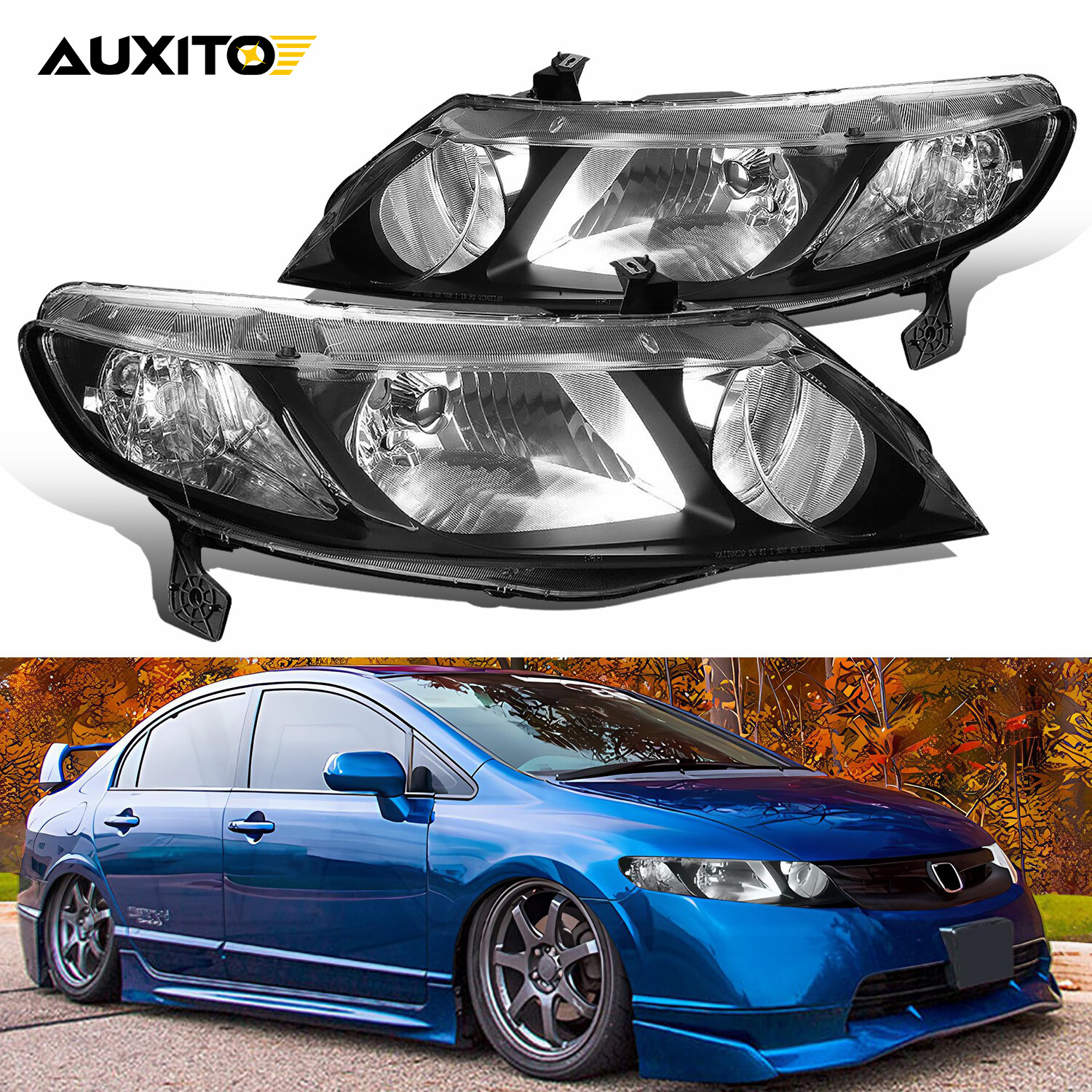 Headlights Assembly Fit 2006-2011 Honda Civic Sedan 4Dr Black Headlamps Pair Set