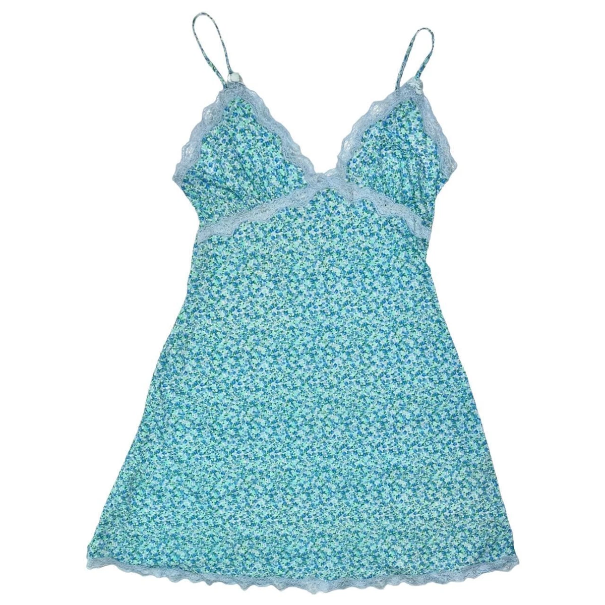 Vintage Y2K Floral Slip Mini Dress Lace Trim Sleeveless Blue