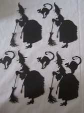 Lot of 4 Pcs Die Cut WITCH w BROOM  CAT SILHOUETTE in Black 4 Cats 4 Witches