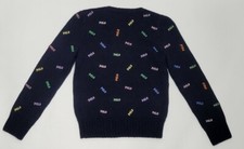 80 Polo RALPH LAUREN Girls 5 5T SWEATER Navy All Over MULTI COLOR LOGO Pullover