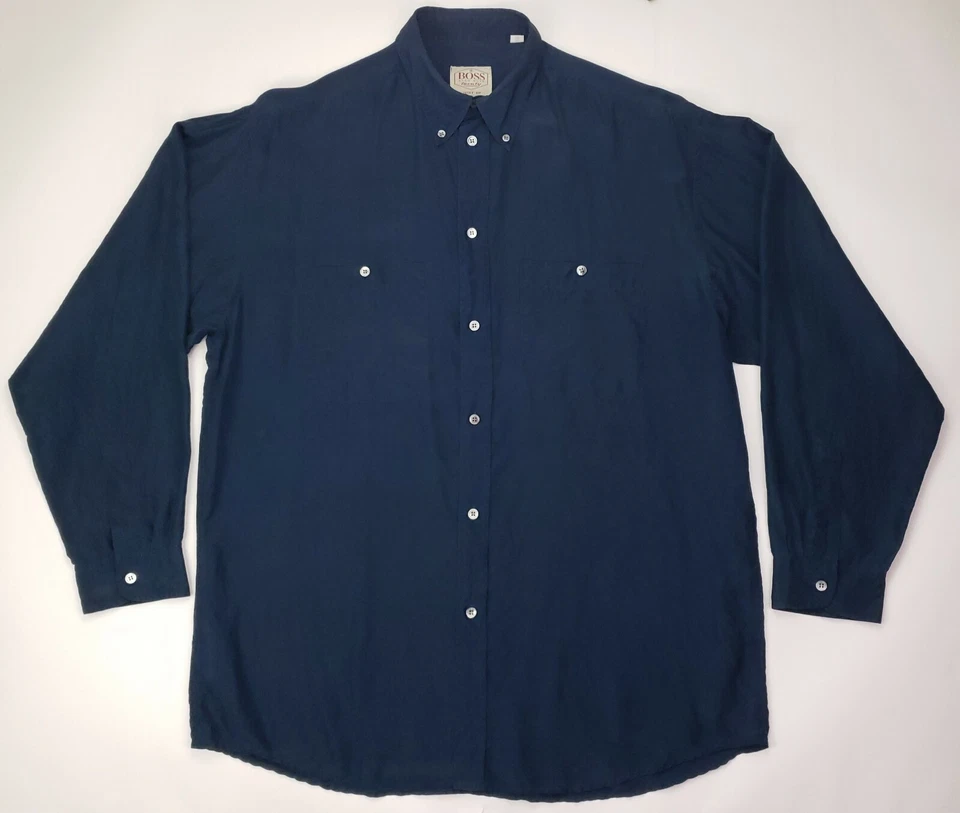Hugo Boss Silk Shirt Blue Medium Mens Classic Long Sleeve Button Front Vintage M - Image 3 of 4