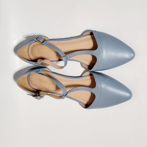 Modcloth Heartbeat Lt Blue T-Strap Flats Pointed Closed Toe Buckle Shoes Wms 6US - Picture 13 of 24