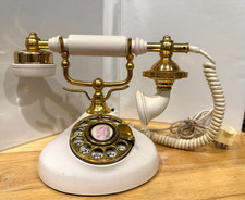 Vintage Made in Japan Ivory Brass Tone Rotary Phone Cherie White With Cord