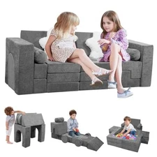  Modular Kids Play Couch Foam Toddler Couch Building Fort for 28 Pcs Dark Grey