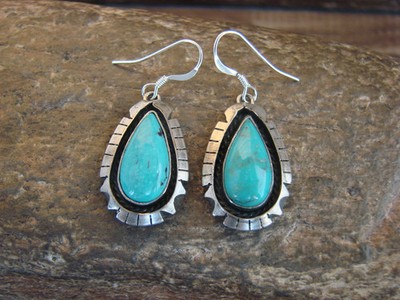 Native American Sterling Silver Shadowbox Turquoise Dangle Earrings - Begay
