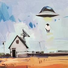 Jose Trujillo PRINT 16x16 Collectible Artist Painting Landscape UFO Sheep