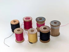 7 Antique Wooden Thread Spools With Mixed Fibers, Some Silk – Sewing or Display